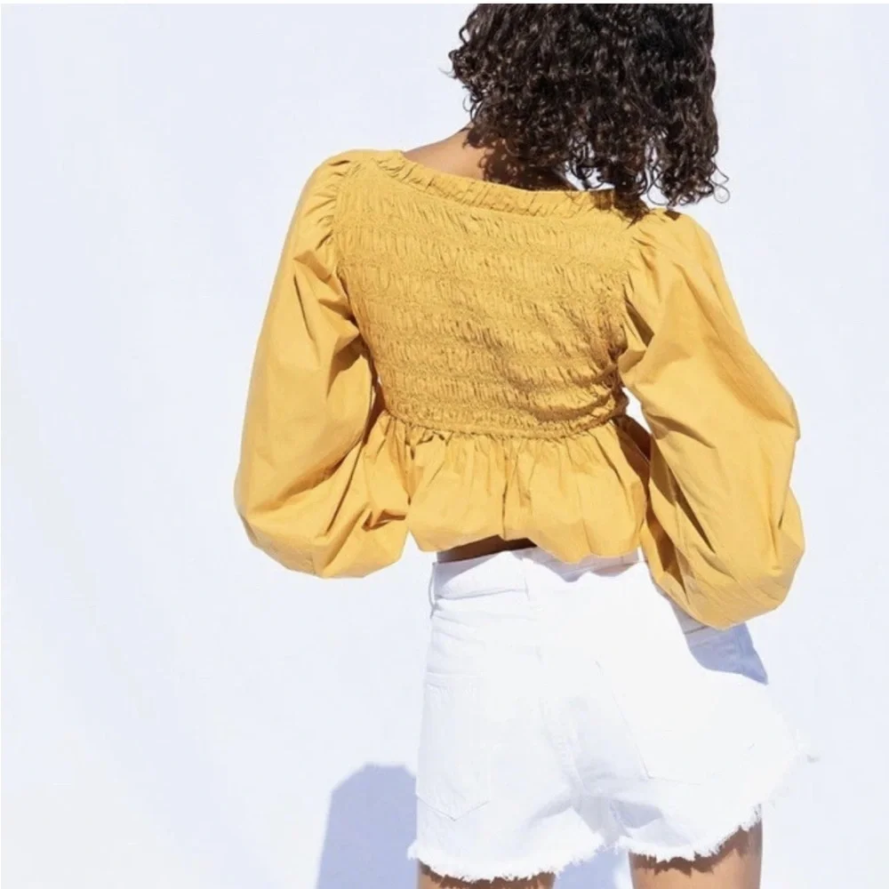 Free People Yellow Smocked Poplin Off The Shoulder Top SP Puff Sleeve Boho